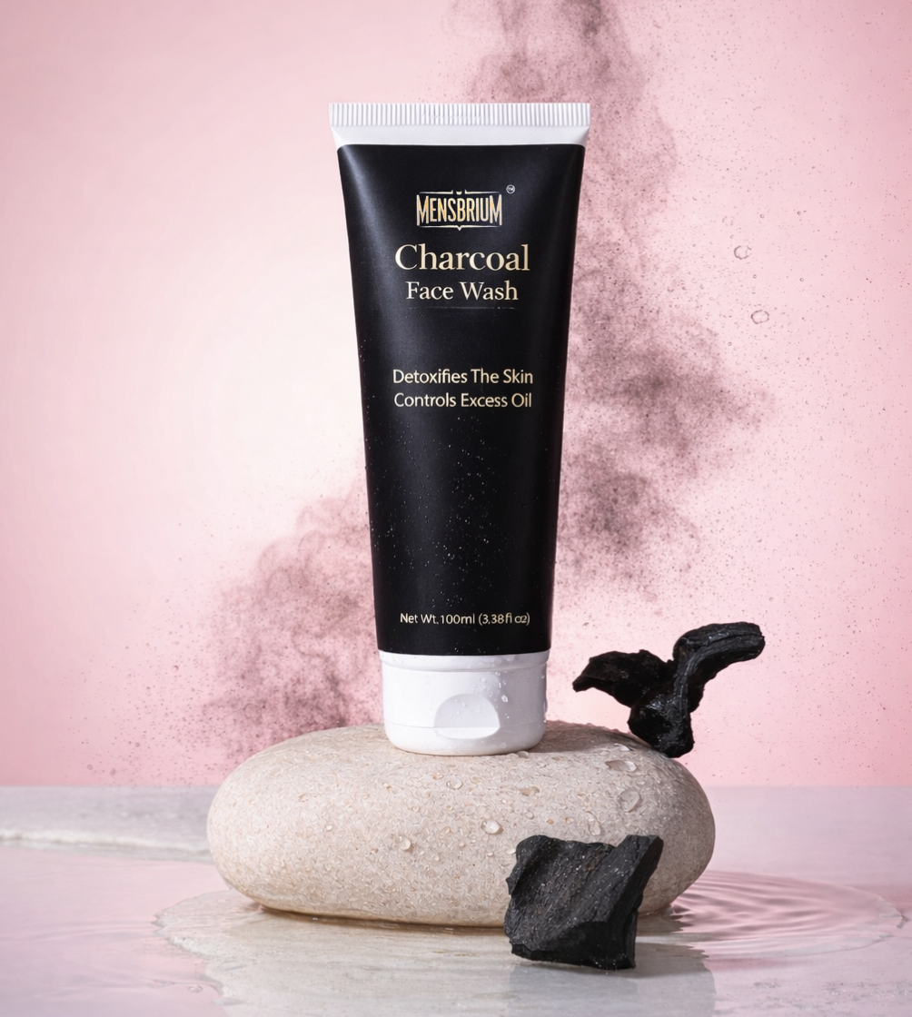 Mensbrium Charcoal Facewash pink bg lifestyle image
