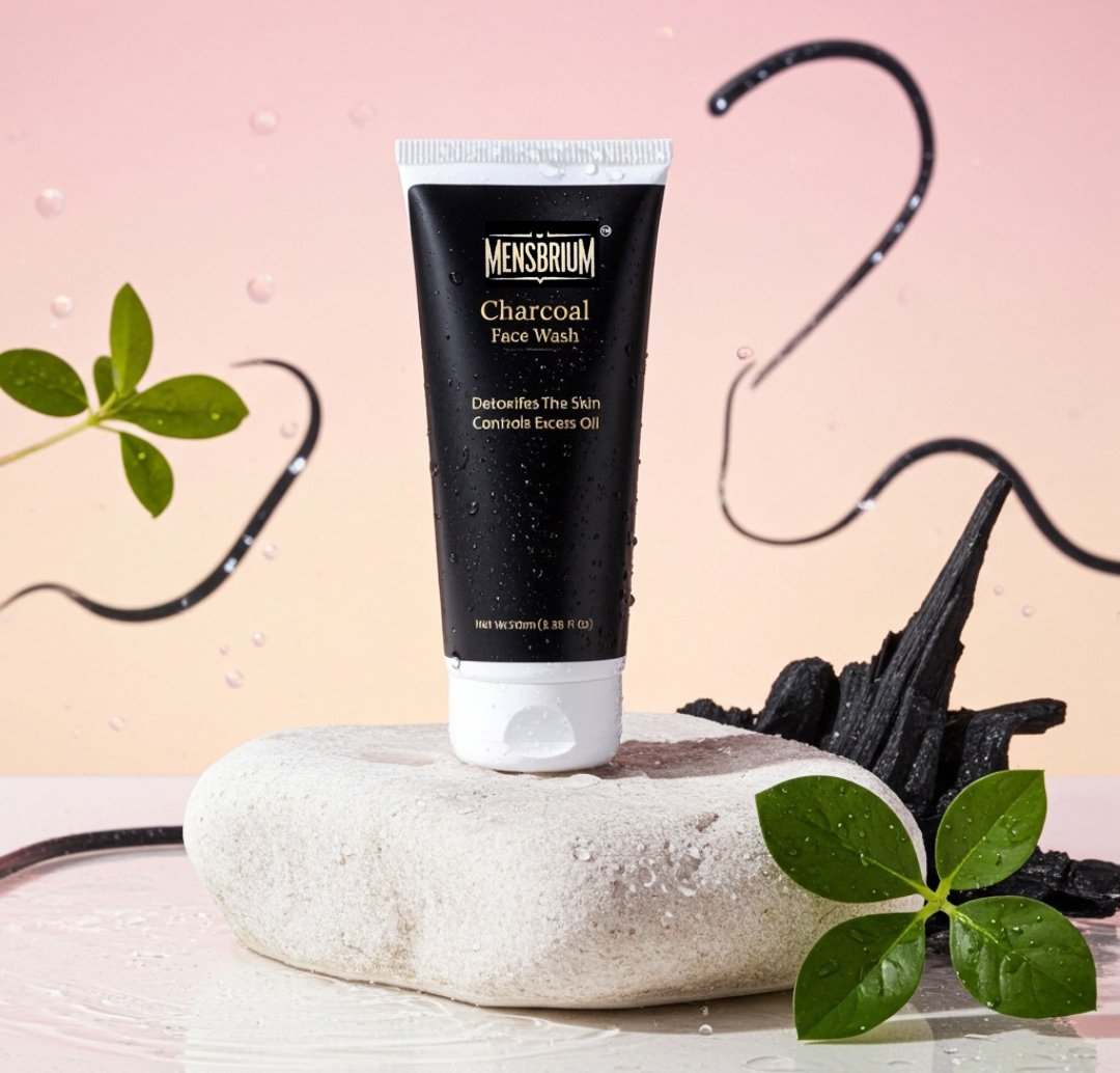 mensbrium charcoal facewash front lifestyle water drops image 2 for website