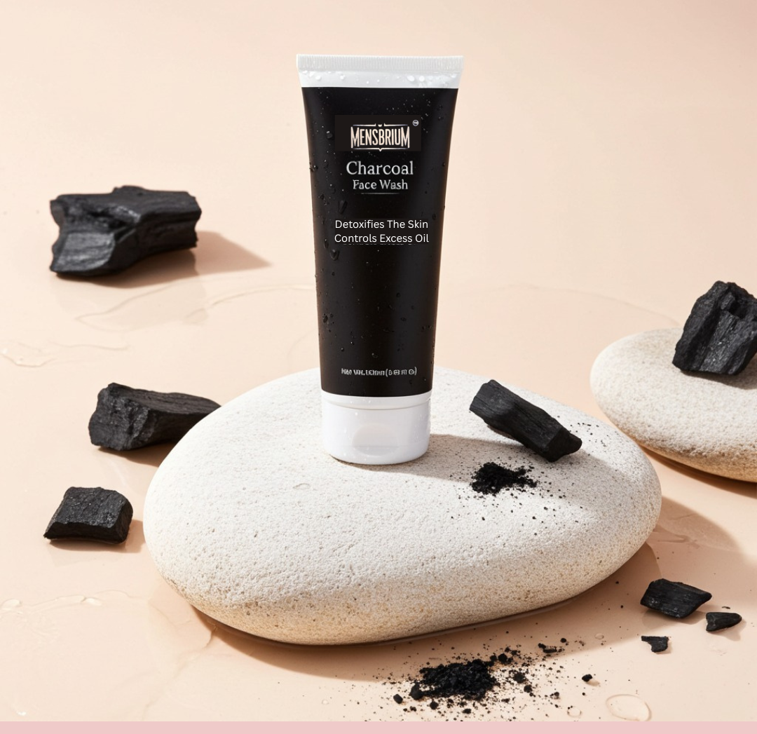 mensbrium charcoal facewash front lifestyle water drops image 3 for website