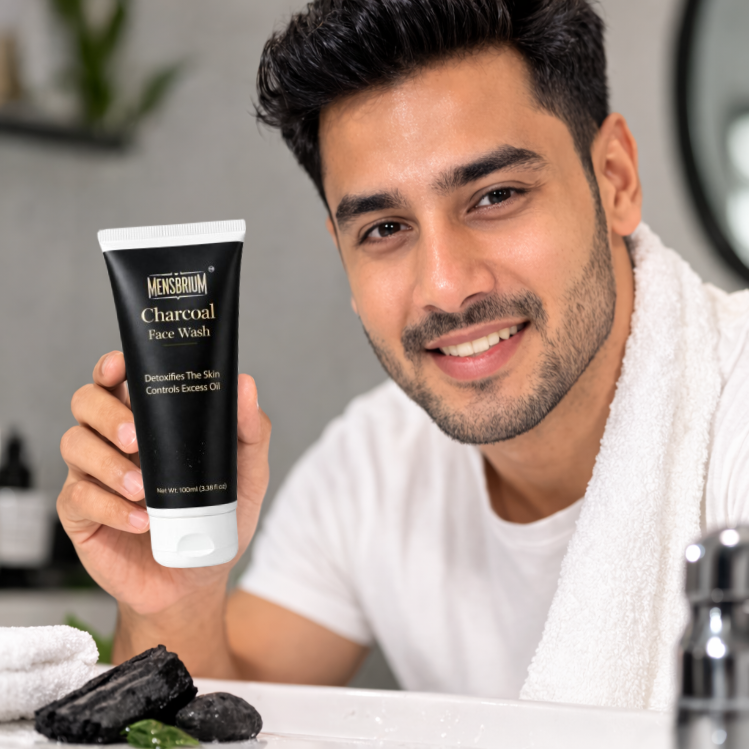 mensbrium charcoal facewash with ai model image